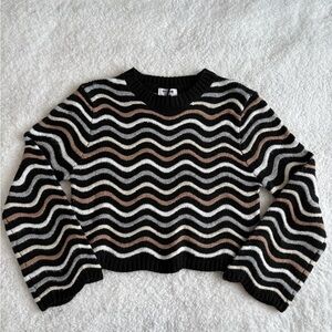 Love Knits NYC Wavy Stripe Cropped Knit Sweater Black Tan Cream XS